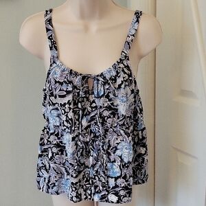 Tahari Floral Blue and Gray Linen Tie Waist Tank Top NWT sz Medium